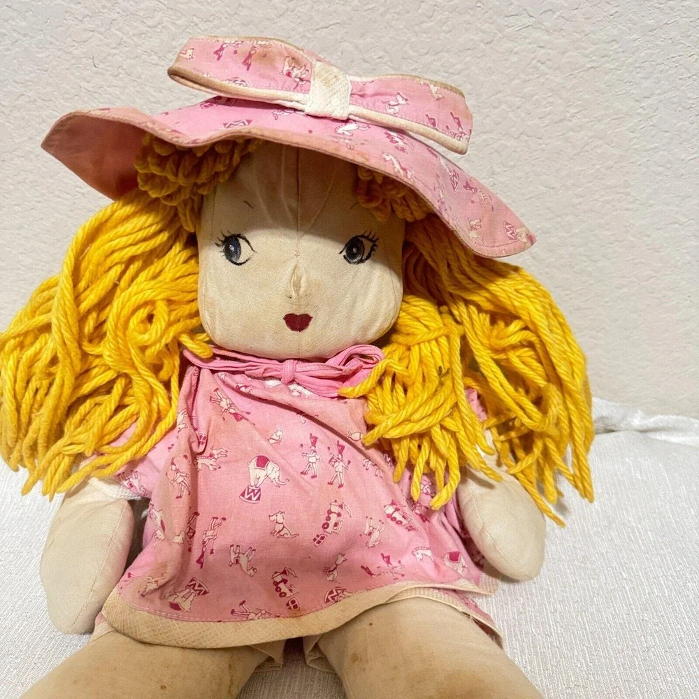 Vintage Handmade Rag Doll Yellow Yarn Hair Pink Circus Outfit Cottagecore 18